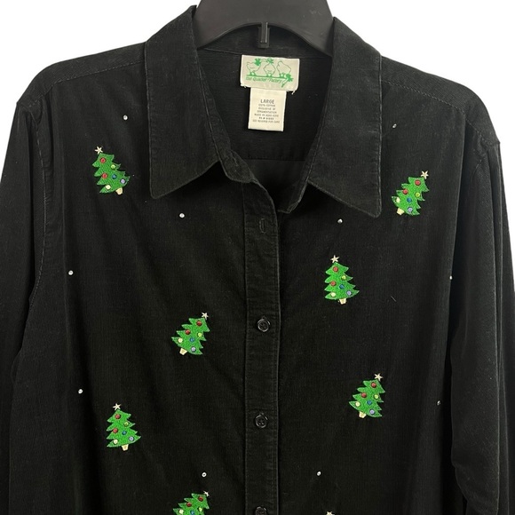 The Quaker Factory Corduroy Shirt Embroidered Christmas Trees Black Large - Picture 3 of 9